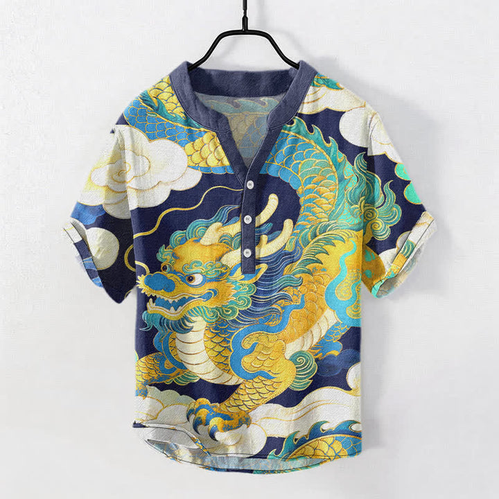 Buddha Stones Cotton Golden Dragon Auspicious Clouds Pattern Men's Short Sleeve Half Button Shirt - SteelBlue - US/UK/AU50，EU60 (5XL) - image 5