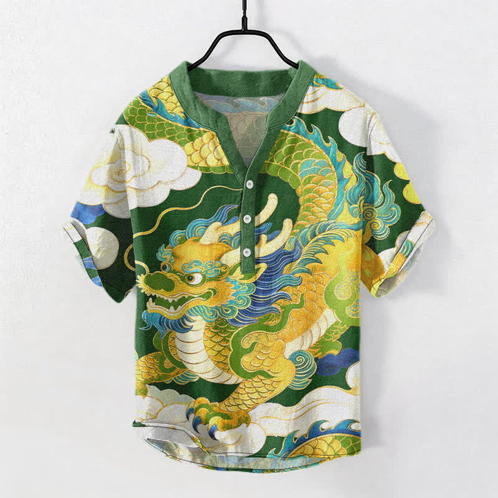 Buddha Stones Cotton Golden Dragon Auspicious Clouds Pattern Men's Short Sleeve Half Button Shirt - ForestGreen - US/UK/AU50，EU60 (5XL) - image 7