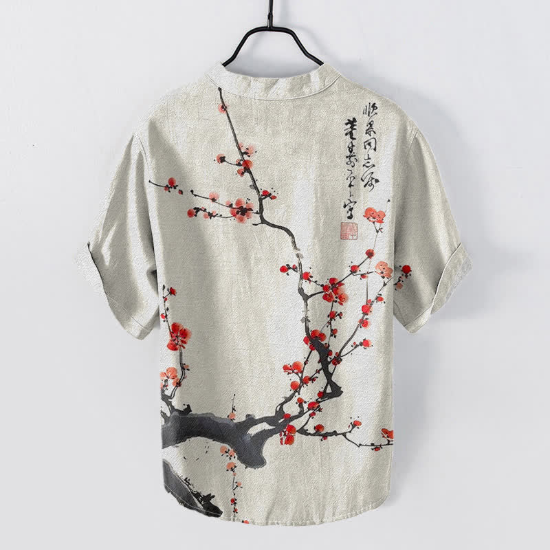 Buddha Stones Cotton Plum Blossom Branch Pattern Calligraphy Men's Short Sleeve Half Button Shirt - image 1