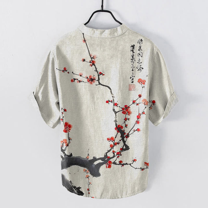 Buddha Stones Cotton Plum Blossom Branch Pattern Calligraphy Men's Short Sleeve Half Button Shirt - image 1