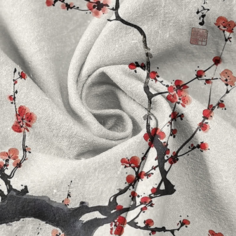 Buddha Stones Cotton Plum Blossom Branch Pattern Calligraphy Men's Short Sleeve Half Button Shirt - image 2