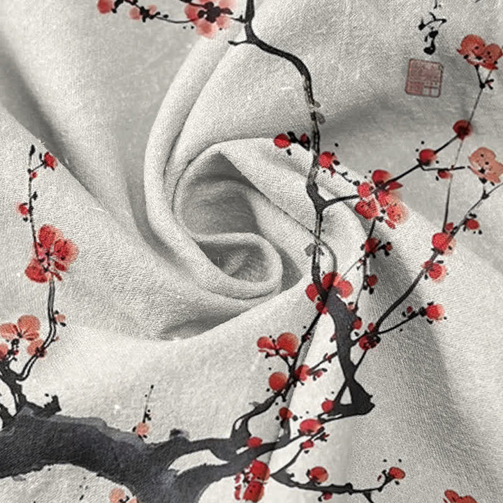 Buddha Stones Cotton Plum Blossom Branch Pattern Calligraphy Men's Short Sleeve Half Button Shirt - image 2