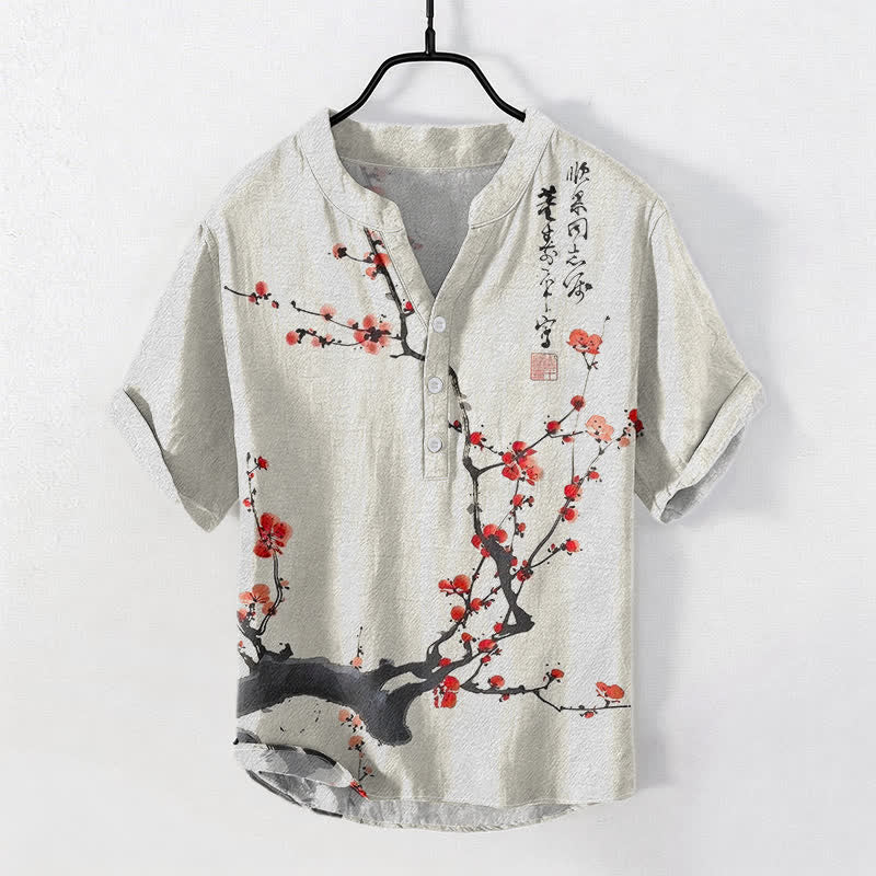 Buddha Stones Cotton Plum Blossom Branch Pattern Calligraphy Men's Short Sleeve Half Button Shirt - LightCoral - US/UK/AU50，EU60 (5XL) - image 0