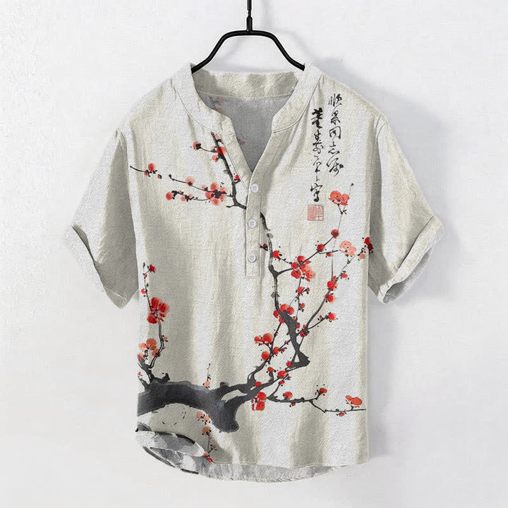 Buddha Stones Cotton Plum Blossom Branch Pattern Calligraphy Men's Short Sleeve Half Button Shirt - LightCoral - US/UK/AU50，EU60 (5XL) - image 0