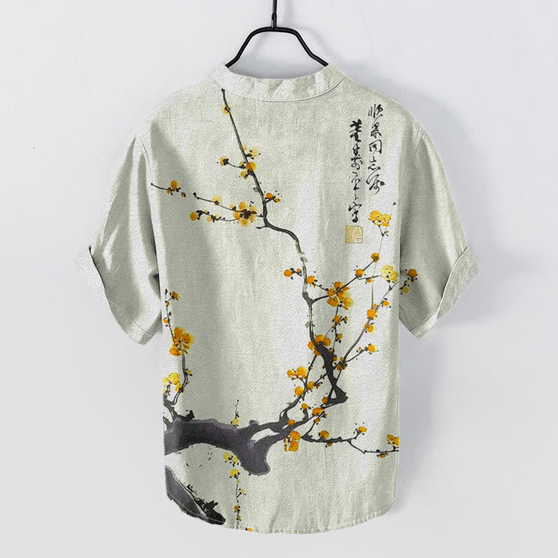 Buddha Stones Cotton Plum Blossom Branch Pattern Calligraphy Men's Short Sleeve Half Button Shirt - image 4