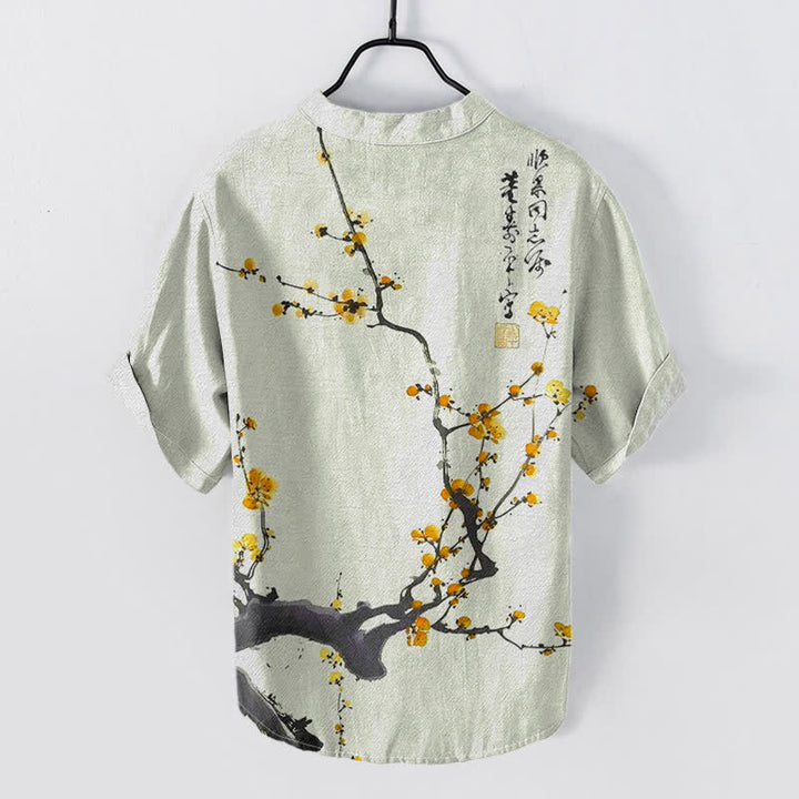 Buddha Stones Cotton Plum Blossom Branch Pattern Calligraphy Men's Short Sleeve Half Button Shirt - image 4