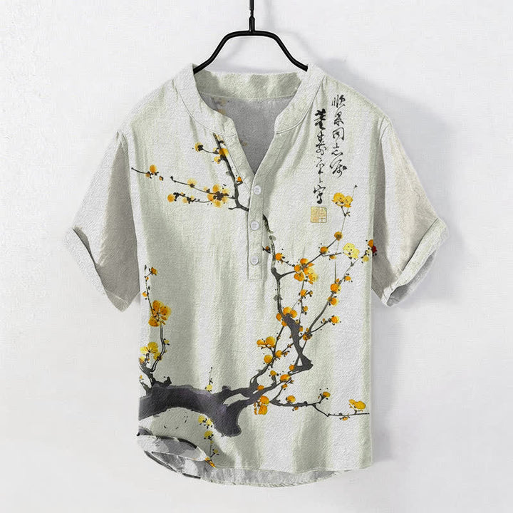 Buddha Stones Cotton Plum Blossom Branch Pattern Calligraphy Men's Short Sleeve Half Button Shirt - Khaki - US/UK/AU50，EU60 (5XL) - image 3