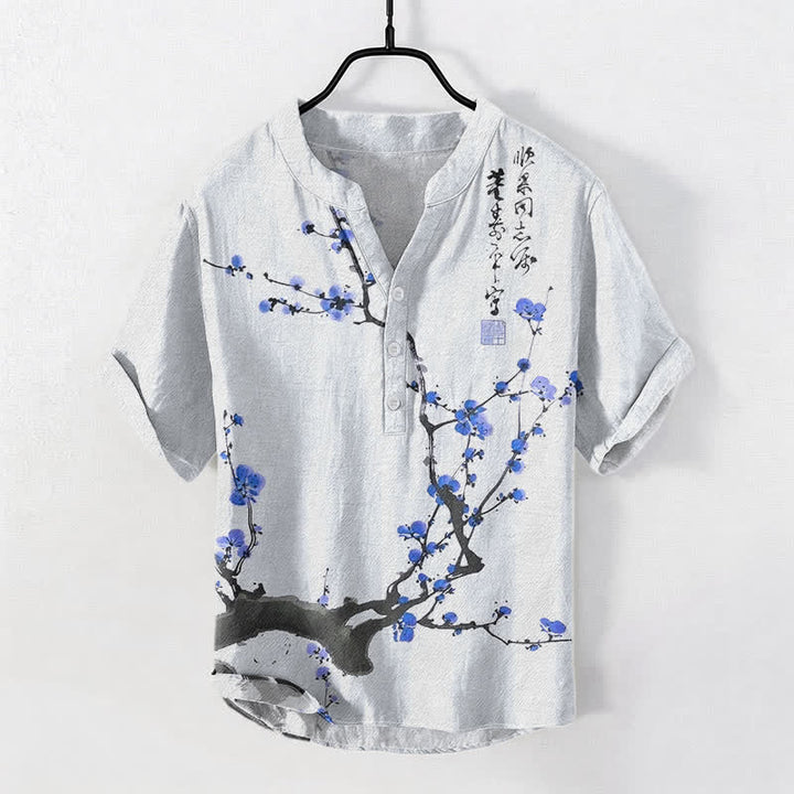 Buddha Stones Cotton Plum Blossom Branch Pattern Calligraphy Men's Short Sleeve Half Button Shirt - LightSkyBlue - US/UK/AU50，EU60 (5XL) - image 5