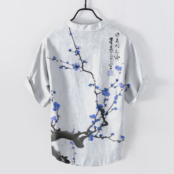 Buddha Stones Cotton Plum Blossom Branch Pattern Calligraphy Men's Short Sleeve Half Button Shirt - image 6