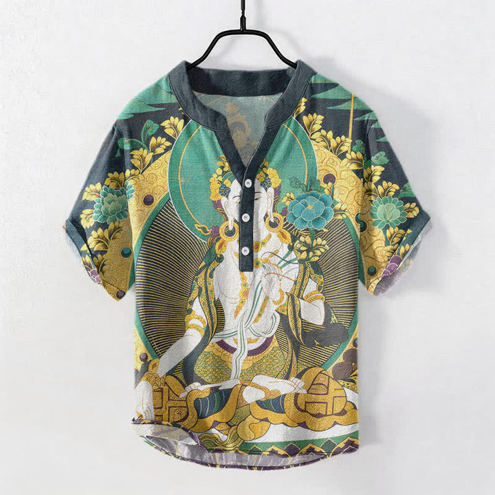 Buddha Stones Cotton Radiant Buddha Floral Pattern Men's Short Sleeve Half Button Shirt - LightSeaGreen - US/UK/AU50，EU60 (5XL) - image 0