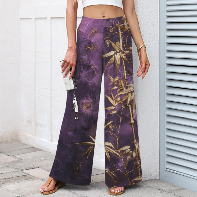 Buddha Stones Cotton Linen Golden Bamboo Pattern Women's Elastic Waist Wide Leg Pants With Pockets - image 1