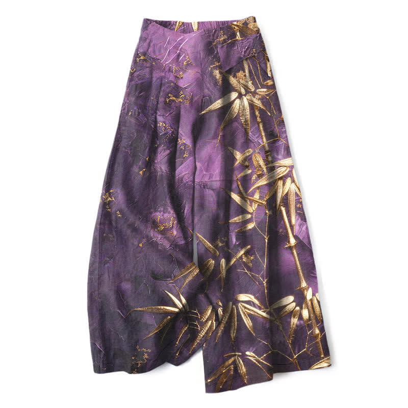 Buddha Stones Cotton Linen Golden Bamboo Pattern Women's Elastic Waist Wide Leg Pants With Pockets - BlueViolet - US16，UK/AU20，EU48 (3XL) - image 0