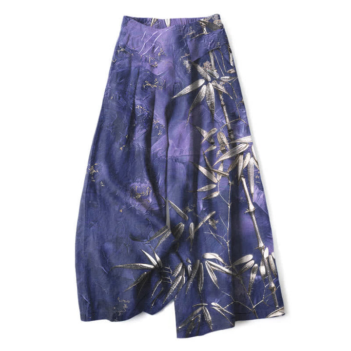 Buddha Stones Cotton Linen Golden Bamboo Pattern Women's Elastic Waist Wide Leg Pants With Pockets - Indigo - US16，UK/AU20，EU48 (3XL) - image 5