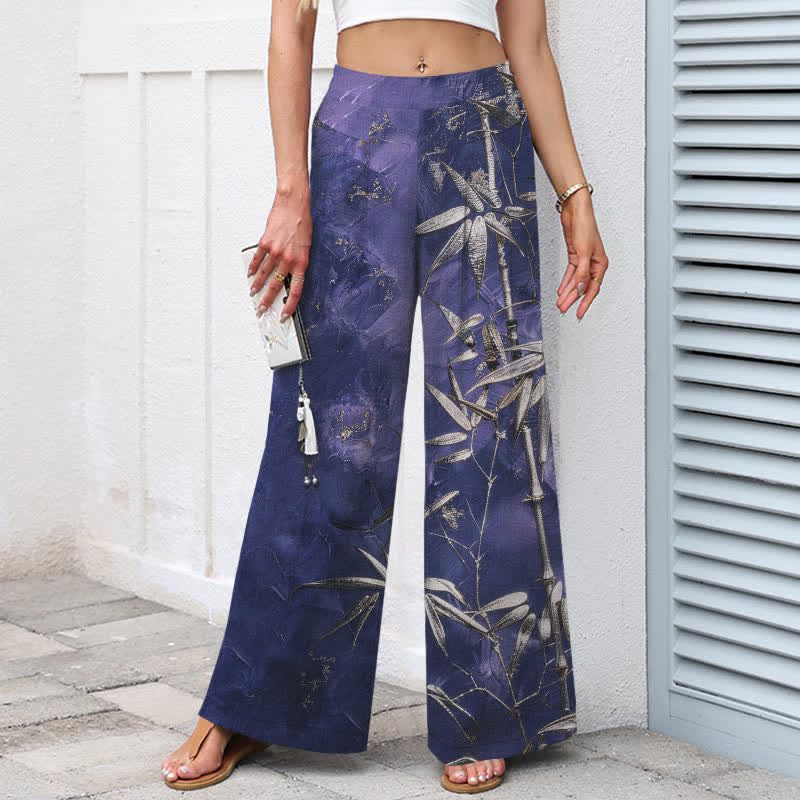 Buddha Stones Cotton Linen Golden Bamboo Pattern Women's Elastic Waist Wide Leg Pants With Pockets - image 6