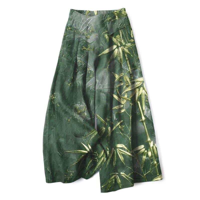 Buddha Stones Cotton Linen Golden Bamboo Pattern Women's Elastic Waist Wide Leg Pants With Pockets - ForestGreen - US16，UK/AU20，EU48 (3XL) - image 7