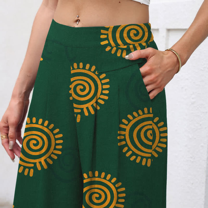 Buddha Stones Cotton Linen Sun Spiral Pattern Women's Elastic Waist Wide Leg Pants With Pockets - image 2