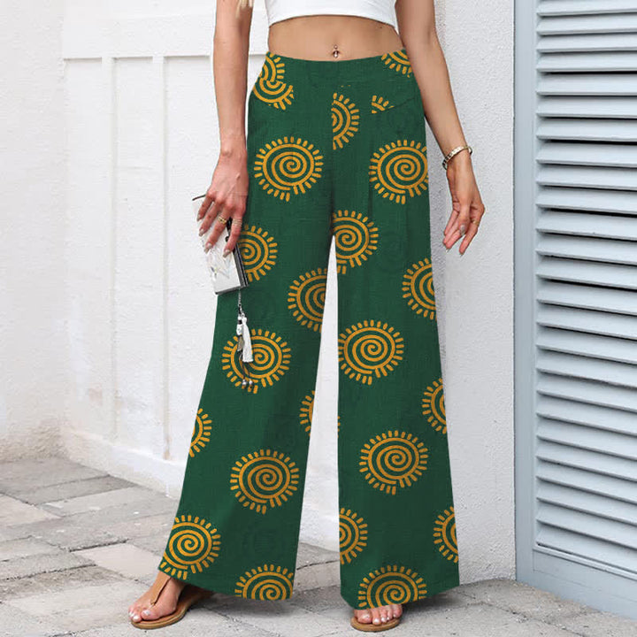 Buddha Stones Cotton Linen Sun Spiral Pattern Women's Elastic Waist Wide Leg Pants With Pockets - image 1