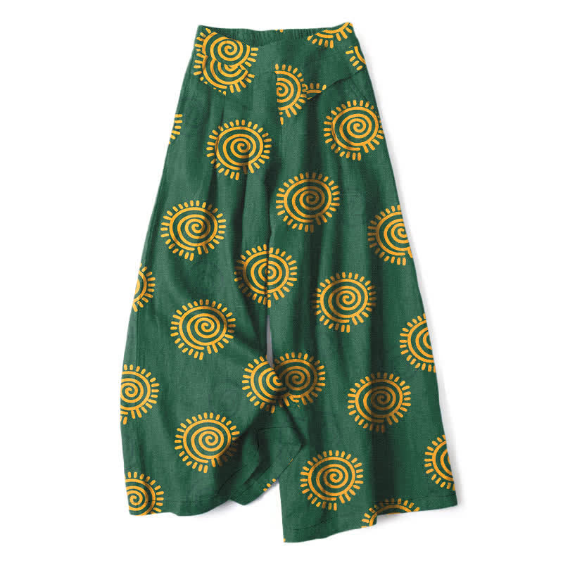Buddha Stones Cotton Linen Sun Spiral Pattern Women's Elastic Waist Wide Leg Pants With Pockets - ForestGreen - US16，UK/AU20，EU48 (3XL) - image 0