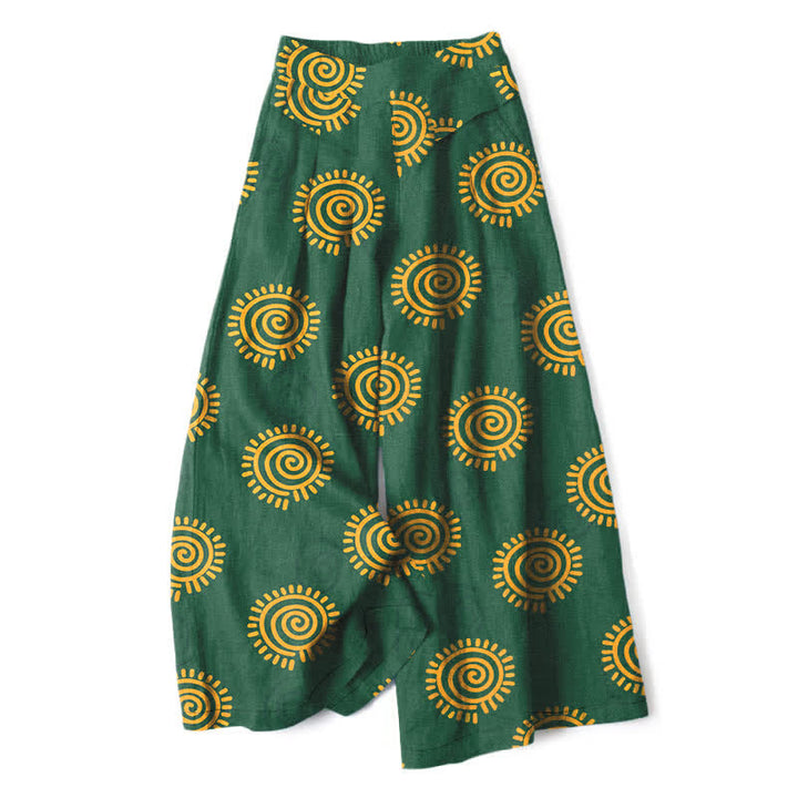 Buddha Stones Cotton Linen Sun Spiral Pattern Women's Elastic Waist Wide Leg Pants With Pockets - ForestGreen - US16，UK/AU20，EU48 (3XL) - image 0