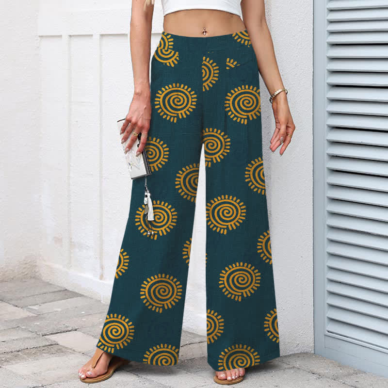 Buddha Stones Cotton Linen Sun Spiral Pattern Women's Elastic Waist Wide Leg Pants With Pockets - image 6