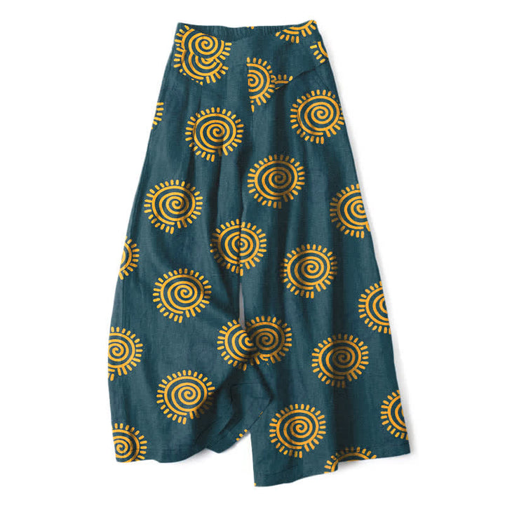 Buddha Stones Cotton Linen Sun Spiral Pattern Women's Elastic Waist Wide Leg Pants With Pockets - Teal - US16，UK/AU20，EU48 (3XL) - image 5