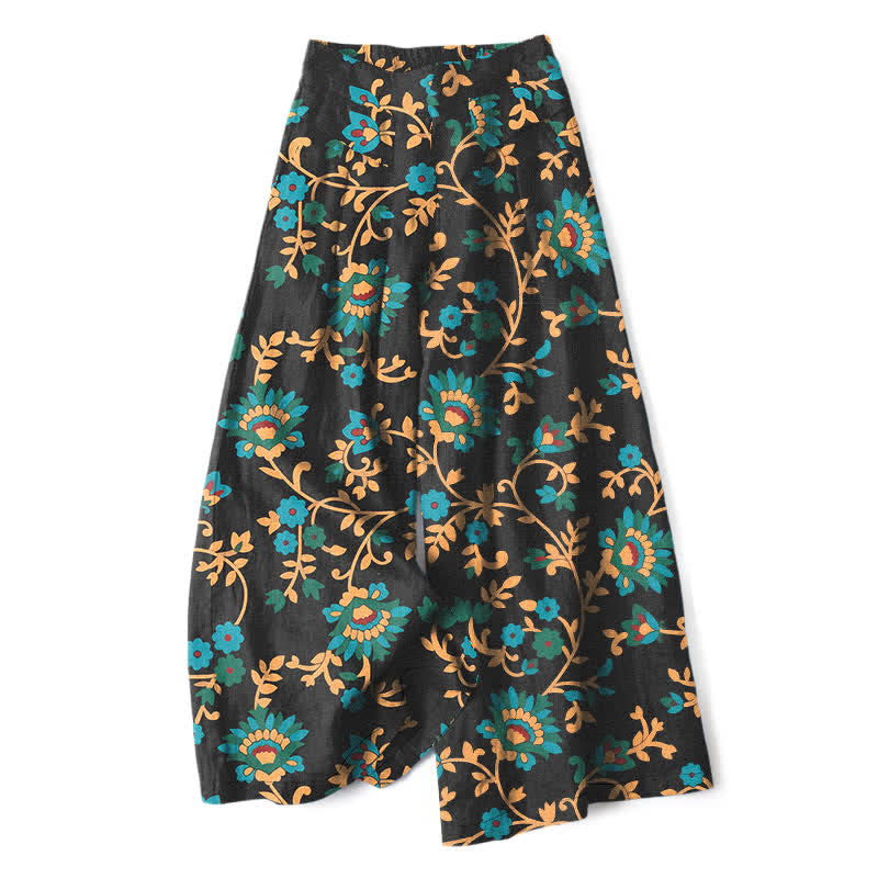 Buddha Stones Cotton Linen Turquoise Vine Floral Pattern Women's Elastic Waist Wide Leg Pants With Pockets - Black - US16，UK/AU20，EU48 (3XL) - image 0