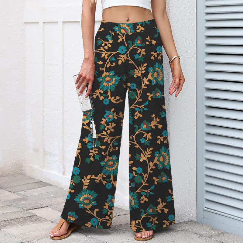 Buddha Stones Cotton Linen Turquoise Vine Floral Pattern Women's Elastic Waist Wide Leg Pants With Pockets - image 1