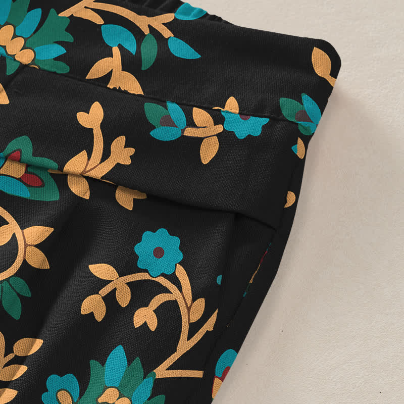 Buddha Stones Cotton Linen Turquoise Vine Floral Pattern Women's Elastic Waist Wide Leg Pants With Pockets - image 3