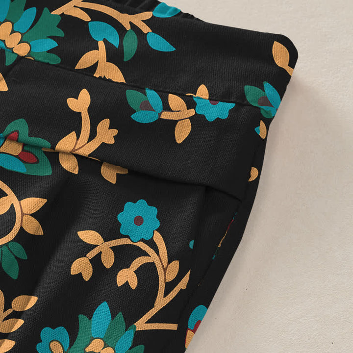 Buddha Stones Cotton Linen Turquoise Vine Floral Pattern Women's Elastic Waist Wide Leg Pants With Pockets - image 3