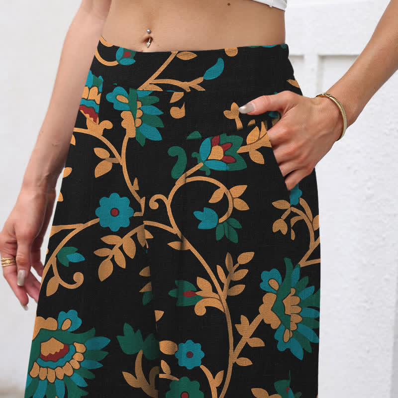 Buddha Stones Cotton Linen Turquoise Vine Floral Pattern Women's Elastic Waist Wide Leg Pants With Pockets - image 2