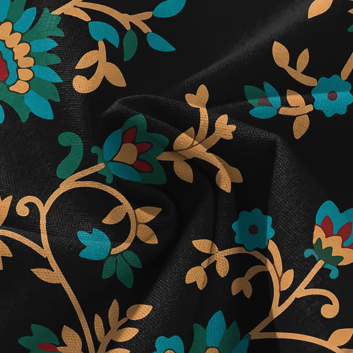 Buddha Stones Cotton Linen Turquoise Vine Floral Pattern Women's Elastic Waist Wide Leg Pants With Pockets - image 4