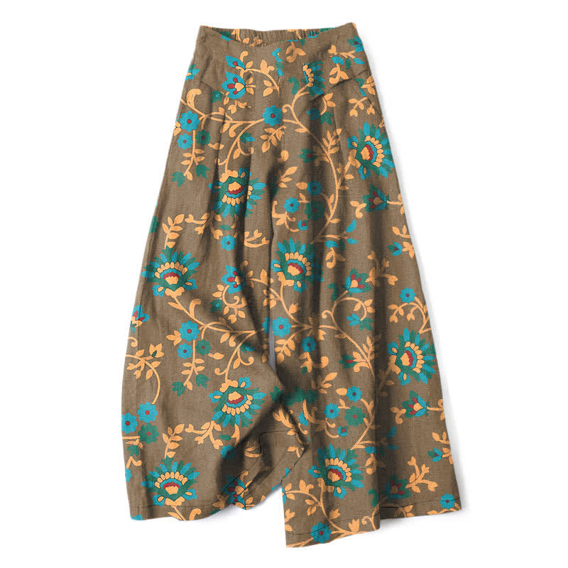 Buddha Stones Cotton Linen Turquoise Vine Floral Pattern Women's Elastic Waist Wide Leg Pants With Pockets - DarkKhaki - US16，UK/AU20，EU48 (3XL) - image 5