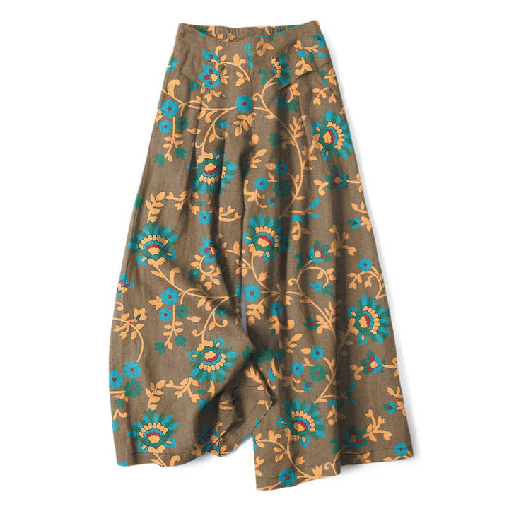 Buddha Stones Cotton Linen Turquoise Vine Floral Pattern Women's Elastic Waist Wide Leg Pants With Pockets - DarkKhaki - US16，UK/AU20，EU48 (3XL) - image 5