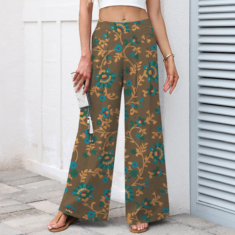 Buddha Stones Cotton Linen Turquoise Vine Floral Pattern Women's Elastic Waist Wide Leg Pants With Pockets - image 6