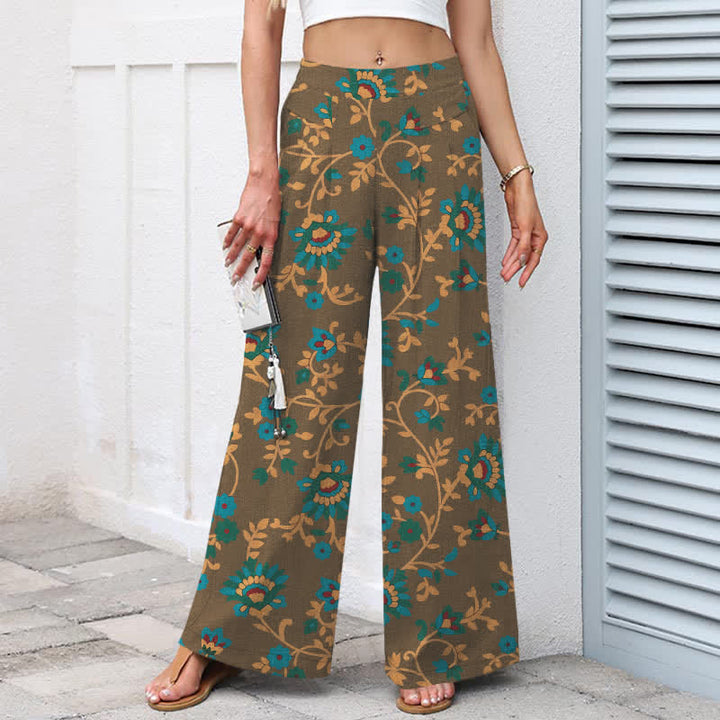Buddha Stones Cotton Linen Turquoise Vine Floral Pattern Women's Elastic Waist Wide Leg Pants With Pockets - image 6