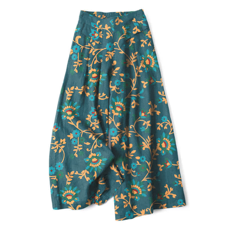 Buddha Stones Cotton Linen Turquoise Vine Floral Pattern Women's Elastic Waist Wide Leg Pants With Pockets - Teal - US16，UK/AU20，EU48 (3XL) - image 7