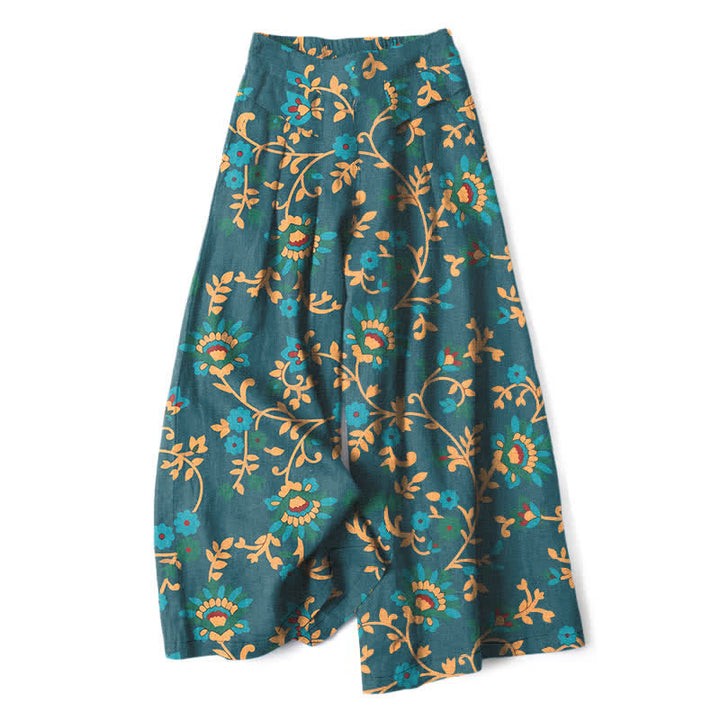 Buddha Stones Cotton Linen Turquoise Vine Floral Pattern Women's Elastic Waist Wide Leg Pants With Pockets - Teal - US16，UK/AU20，EU48 (3XL) - image 7