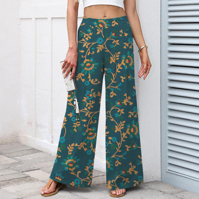 Buddha Stones Cotton Linen Turquoise Vine Floral Pattern Women's Elastic Waist Wide Leg Pants With Pockets - image 8