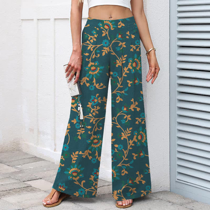 Buddha Stones Cotton Linen Turquoise Vine Floral Pattern Women's Elastic Waist Wide Leg Pants With Pockets - image 8