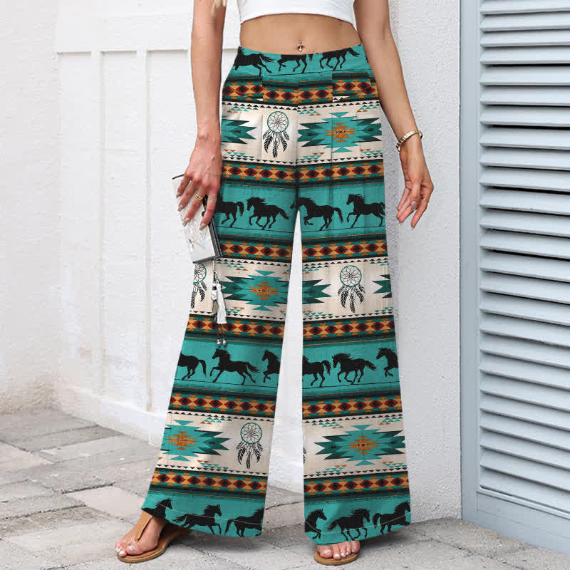 Buddha Stones Cotton Linen Horse Dreamcatcher Pattern Women's Elastic Waist Wide Leg Pants With Pockets - image 1