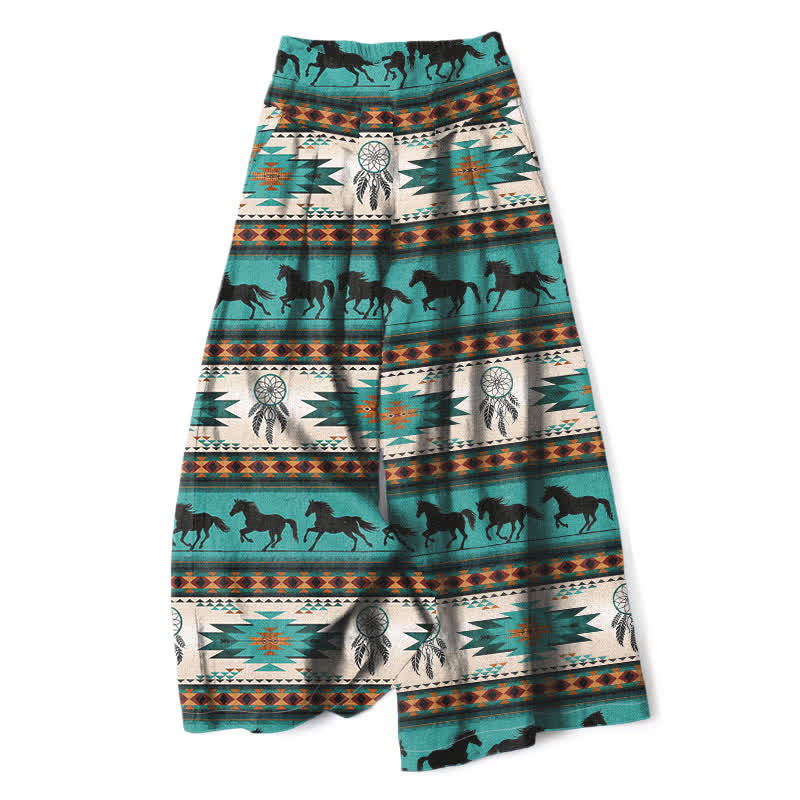 Buddha Stones Cotton Linen Horse Dreamcatcher Pattern Women's Elastic Waist Wide Leg Pants With Pockets - Turquoise - US16，UK/AU20，EU48 (3XL) - image 0