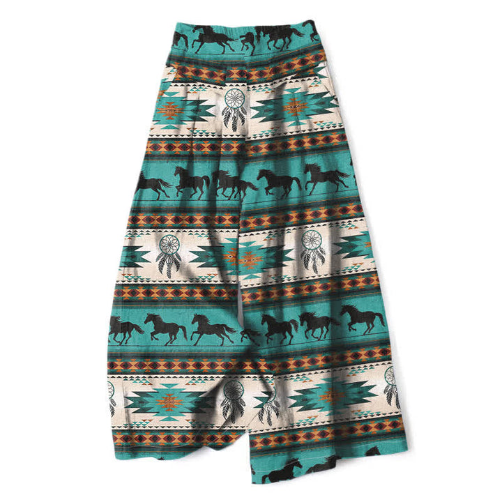 Buddha Stones Cotton Linen Horse Dreamcatcher Pattern Women's Elastic Waist Wide Leg Pants With Pockets - Turquoise - US16，UK/AU20，EU48 (3XL) - image 0