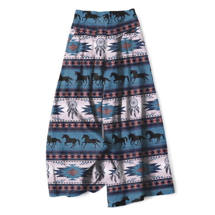 Buddha Stones Cotton Linen Horse Dreamcatcher Pattern Women's Elastic Waist Wide Leg Pants With Pockets - DeepSkyBlue - US16，UK/AU20，EU48 (3XL) - image 5