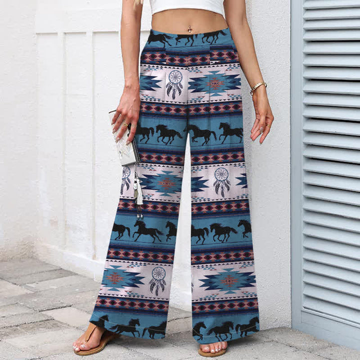 Buddha Stones Cotton Linen Horse Dreamcatcher Pattern Women's Elastic Waist Wide Leg Pants With Pockets - image 6