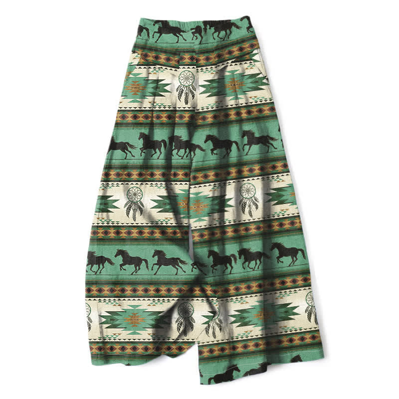 Buddha Stones Cotton Linen Horse Dreamcatcher Pattern Women's Elastic Waist Wide Leg Pants With Pockets - MediumSeaGreen - US16，UK/AU20，EU48 (3XL) - image 7