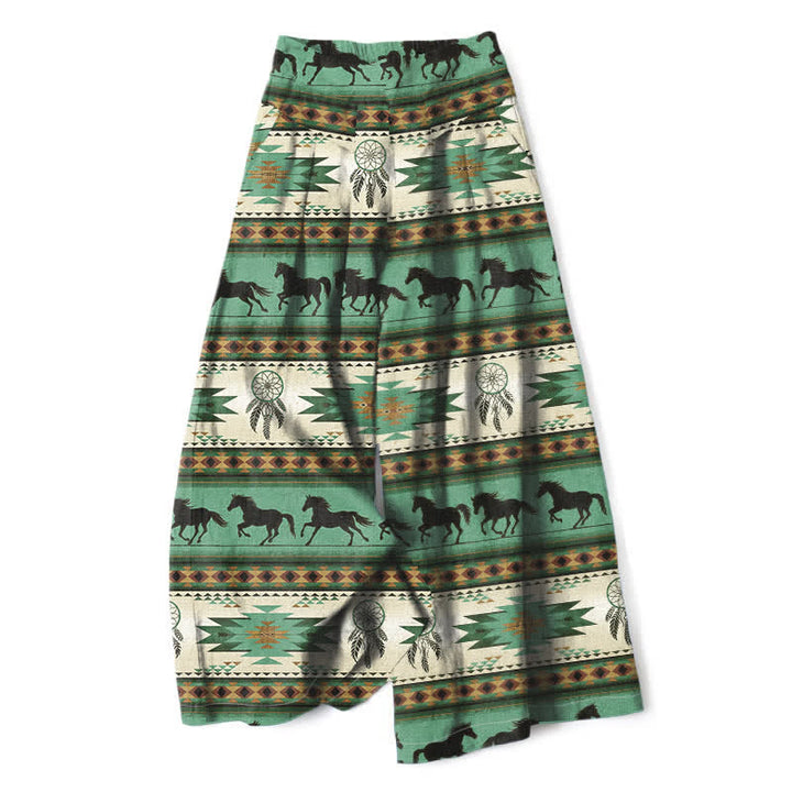 Buddha Stones Cotton Linen Horse Dreamcatcher Pattern Women's Elastic Waist Wide Leg Pants With Pockets - MediumSeaGreen - US16，UK/AU20，EU48 (3XL) - image 7