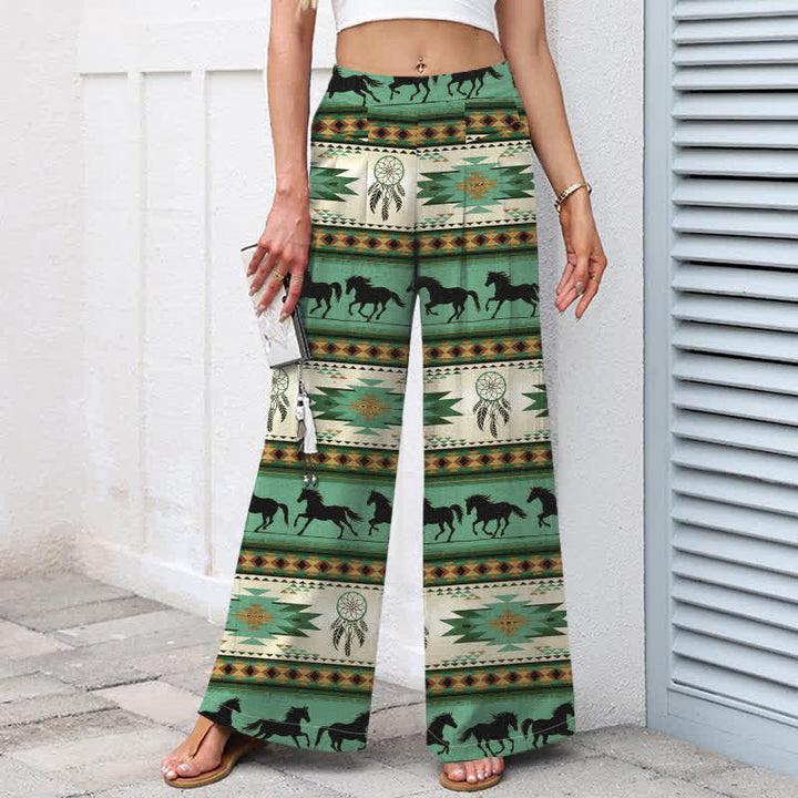 Buddha Stones Cotton Linen Horse Dreamcatcher Pattern Women's Elastic Waist Wide Leg Pants With Pockets - image 8