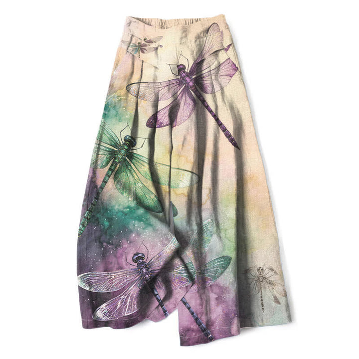 Buddha Stones Cotton Linen Watercolor Dragonfly Pattern Women's Elastic Waist Wide Leg Pants With Pockets - Linen - US16，UK/AU20，EU48 (3XL) - image 0