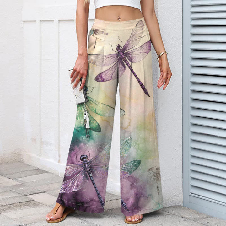 Buddha Stones Cotton Linen Watercolor Dragonfly Pattern Women's Elastic Waist Wide Leg Pants With Pockets - image 1