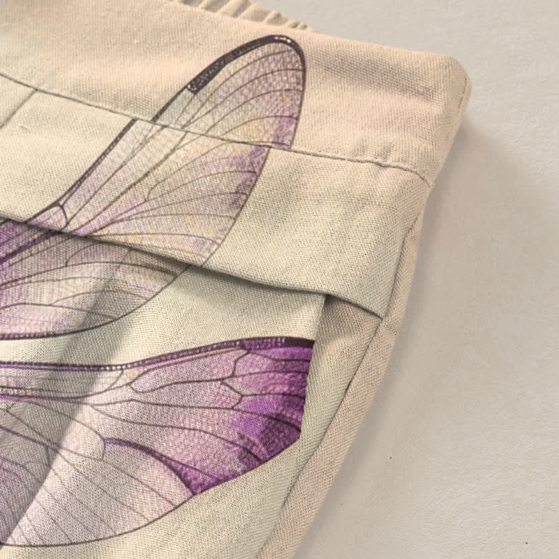Buddha Stones Cotton Linen Watercolor Dragonfly Pattern Women's Elastic Waist Wide Leg Pants With Pockets - image 3